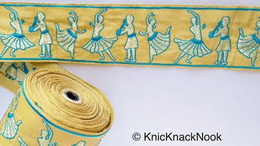 Beige Fabric Trim With Embroidered Dancers And Musicians in Gold & Black / Blue, Dance Music Trims, Approx. 80mm - 210119L514 / 15